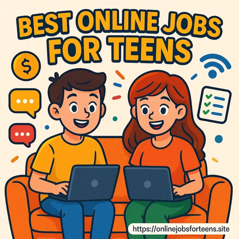 Illustration showing teens working on laptops representing the best online jobs for teens in 2025, ideal for flexible and remote teen work.