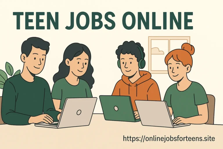 Four teens working on laptops at home representing teen jobs online in 2025, showcasing flexible remote work opportunities for teenagers.