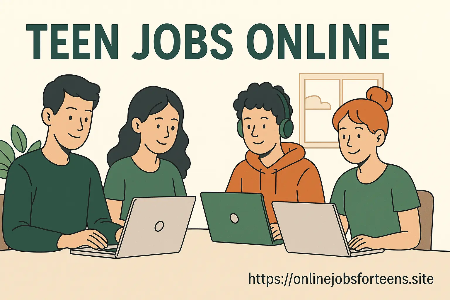 Four teens working on laptops at home representing teen jobs online in 2025, showcasing flexible remote work opportunities for teenagers.
