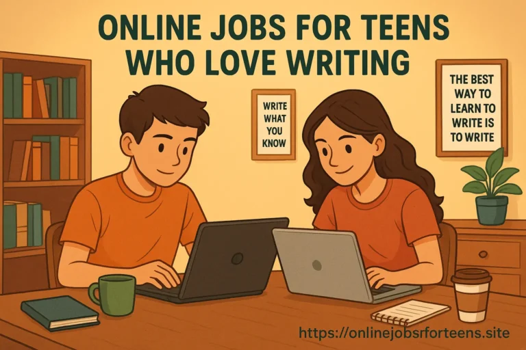Two teenagers happily writing on laptops in a cozy room, representing online jobs for teens who love writing, with books and coffee nearby.