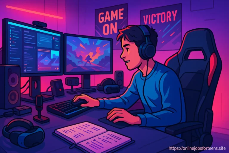 A teenage gamer earning money online at a neon-lit gaming setup, showcasing the concept of online jobs for teen gamers at home.