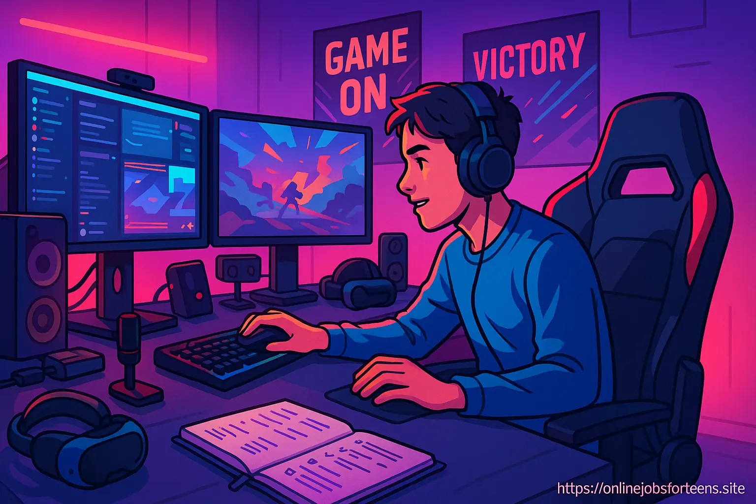 A teenage gamer earning money online at a neon-lit gaming setup, showcasing the concept of online jobs for teen gamers at home.