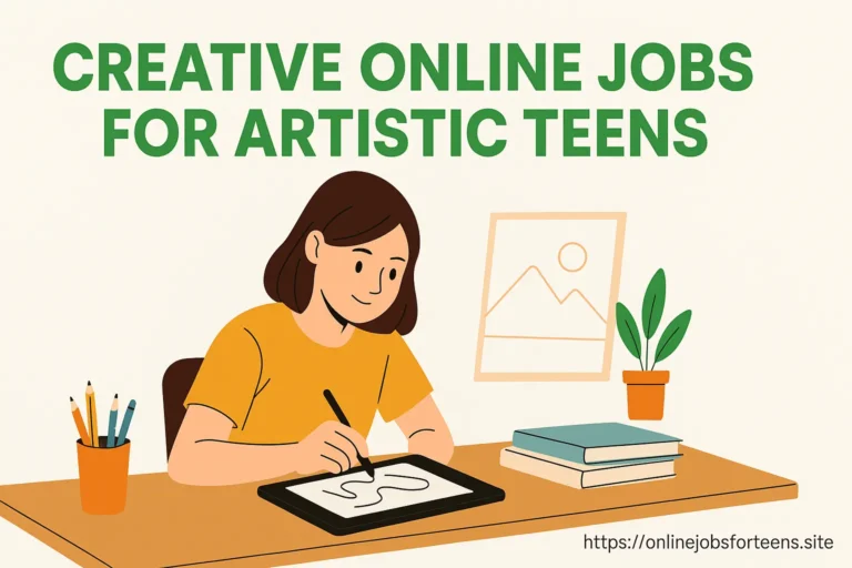 A teenage artist working on a digital art project at home, symbolizing creative online jobs for artistic teens using a tablet or drawing pad.