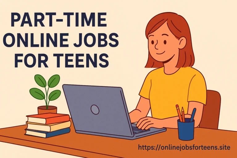 A teenage girl working happily on a laptop at home with books and pencils, illustrating part-time online jobs for teens in a cozy, creative setup.