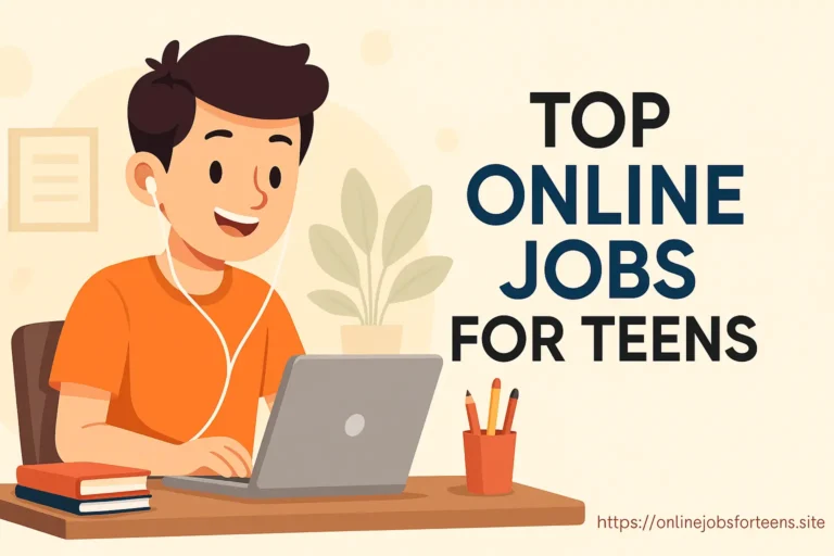 Illustration of a happy teen boy using a laptop at a desk with books and pencils, representing top online jobs for teens in a creative workspace.