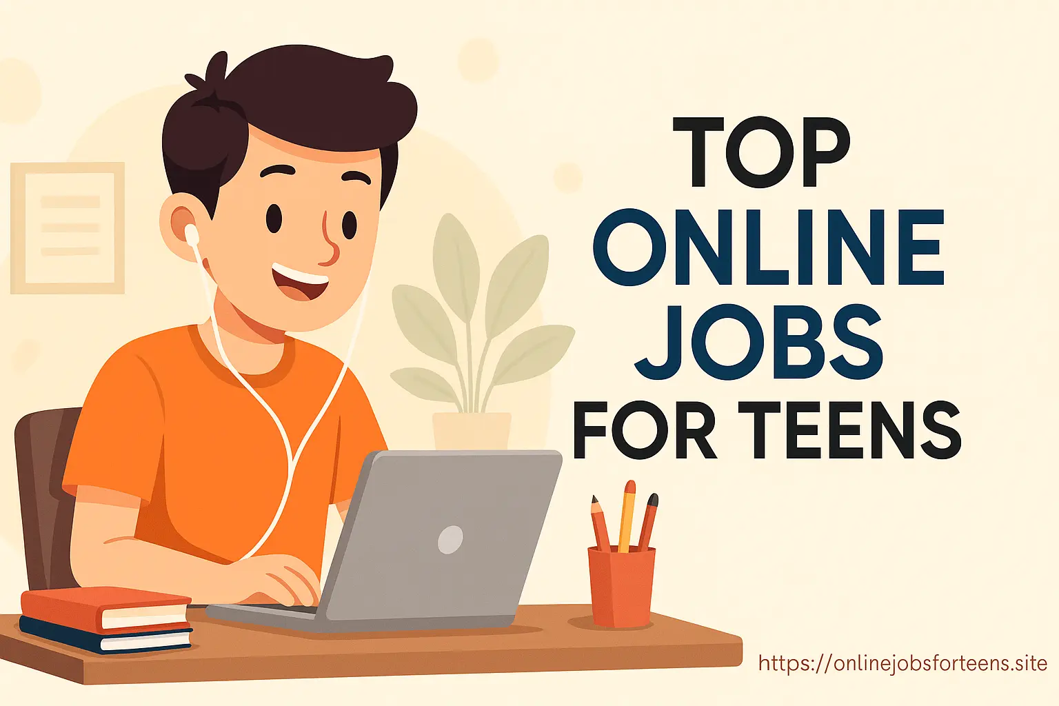 Illustration of a happy teen boy using a laptop at a desk with books and pencils, representing top online jobs for teens in a creative workspace.